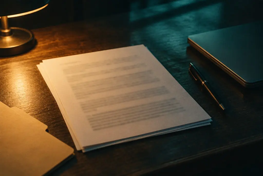 Un documento impreso y una pluma sobre una mesa de madera, junto a una laptop cerrada, bajo la luz de una lámpara.